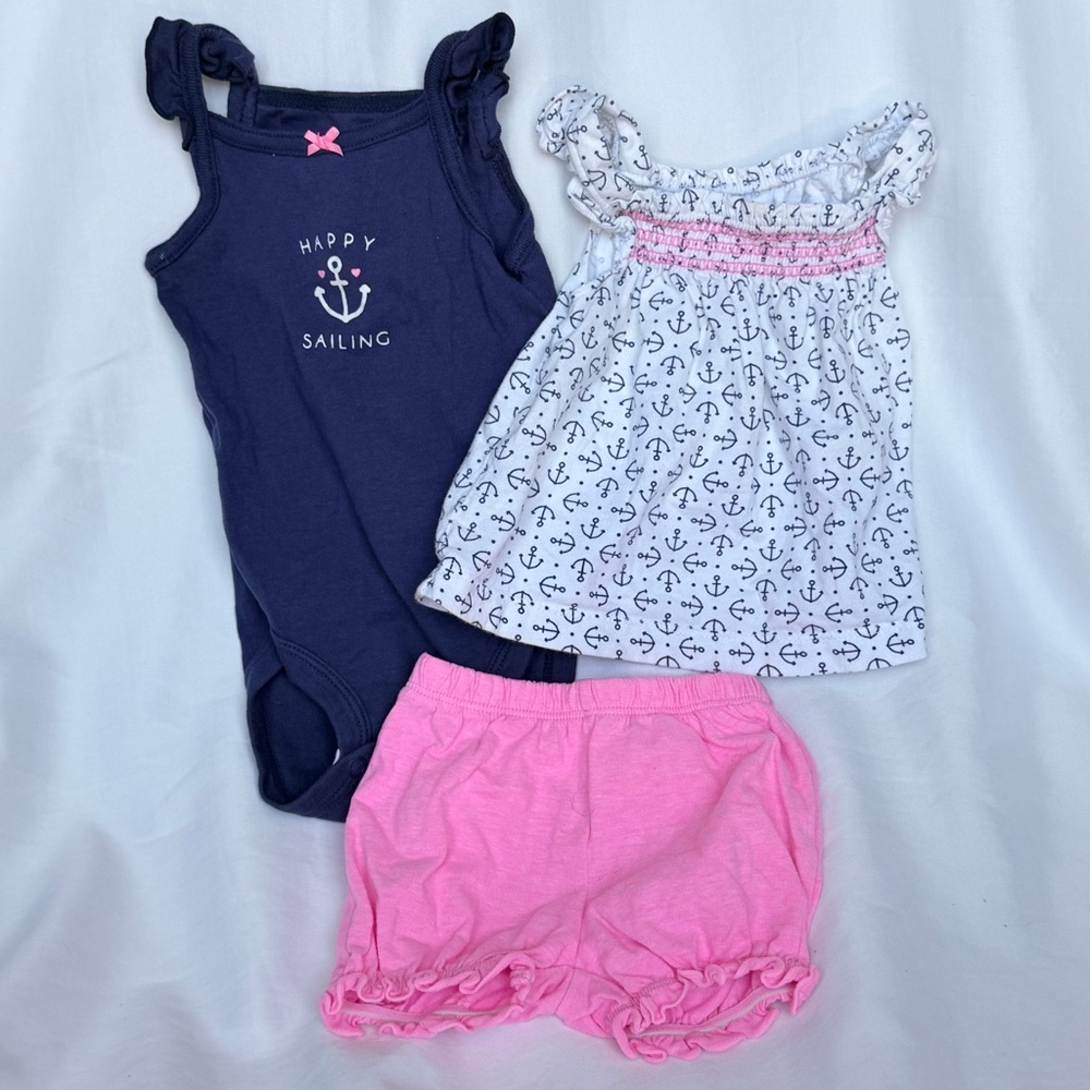Carter's Girls Navy Anchor Bodysuit White Anchor Top Pink Shorts Set